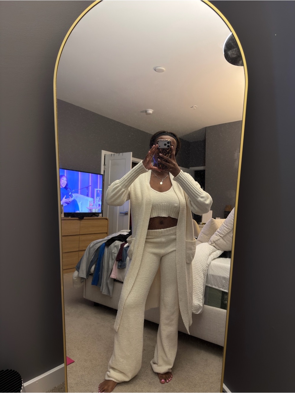 Cozy Cream Knit Lounge Pants, Top & Long Cardigan Set